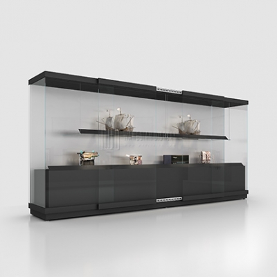 Black wall-mounted museum display cabinet